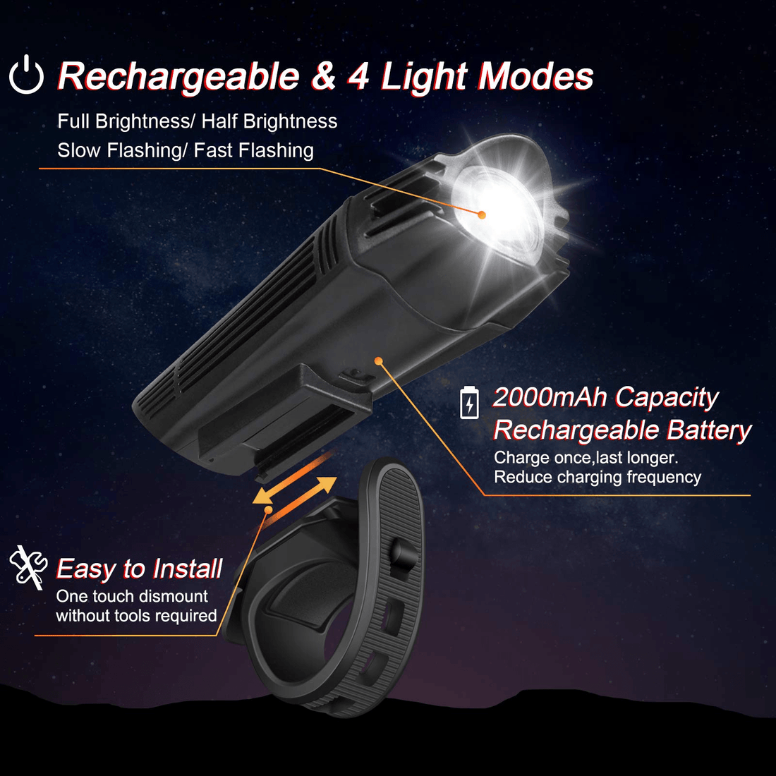 USB rechargeable bike light set - Ascher front and rear combo