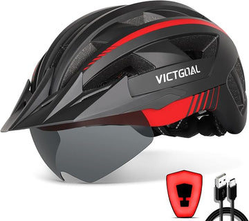 VICTGOAL Adult Bike Helmet with LED Rear Light, Magnetic Goggles & Removable Sun Visor