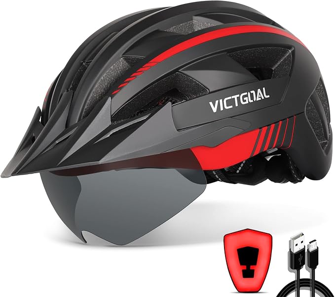 VICTGOAL Adult Bike Helmet with LED Rear Light, Magnetic Goggles & Removable Sun Visor