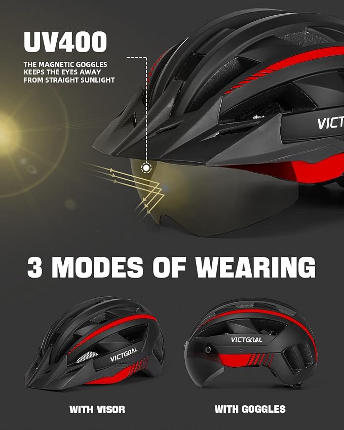 VICTGOAL Adult Bike Helmet with LED Rear Light, Magnetic Goggles & Removable Sun Visor