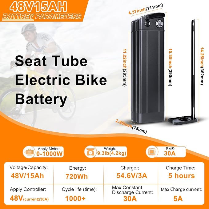 48V 15Ah E-Bike Battery – Lithium Battery with 30A BMS, LED Indicator & Safety Lock for 0–1000W Electric Bikes