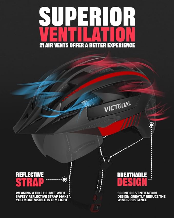 VICTGOAL Adult Bike Helmet with LED Rear Light, Magnetic Goggles & Removable Sun Visor