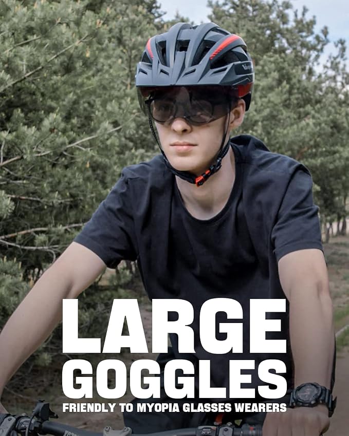 VICTGOAL Adult Bike Helmet with LED Rear Light, Magnetic Goggles & Removable Sun Visor