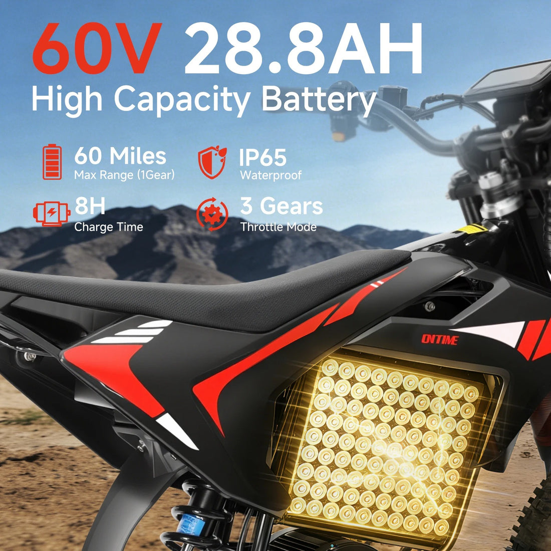 Electric Dirt Bike 4500W Peak, 60V 28.8Ah Battery, 50 MPH, Up to 60 Miles, 14"/12" Fat Tires