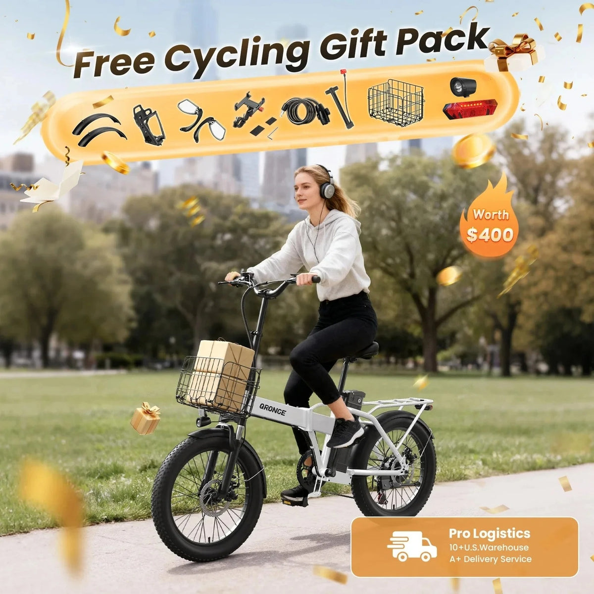 QRONGE Waterfall Folding Electric Bike 1000W Peak, 48V 13.5Ah, 20" Fat Tire, 70-Mile Range