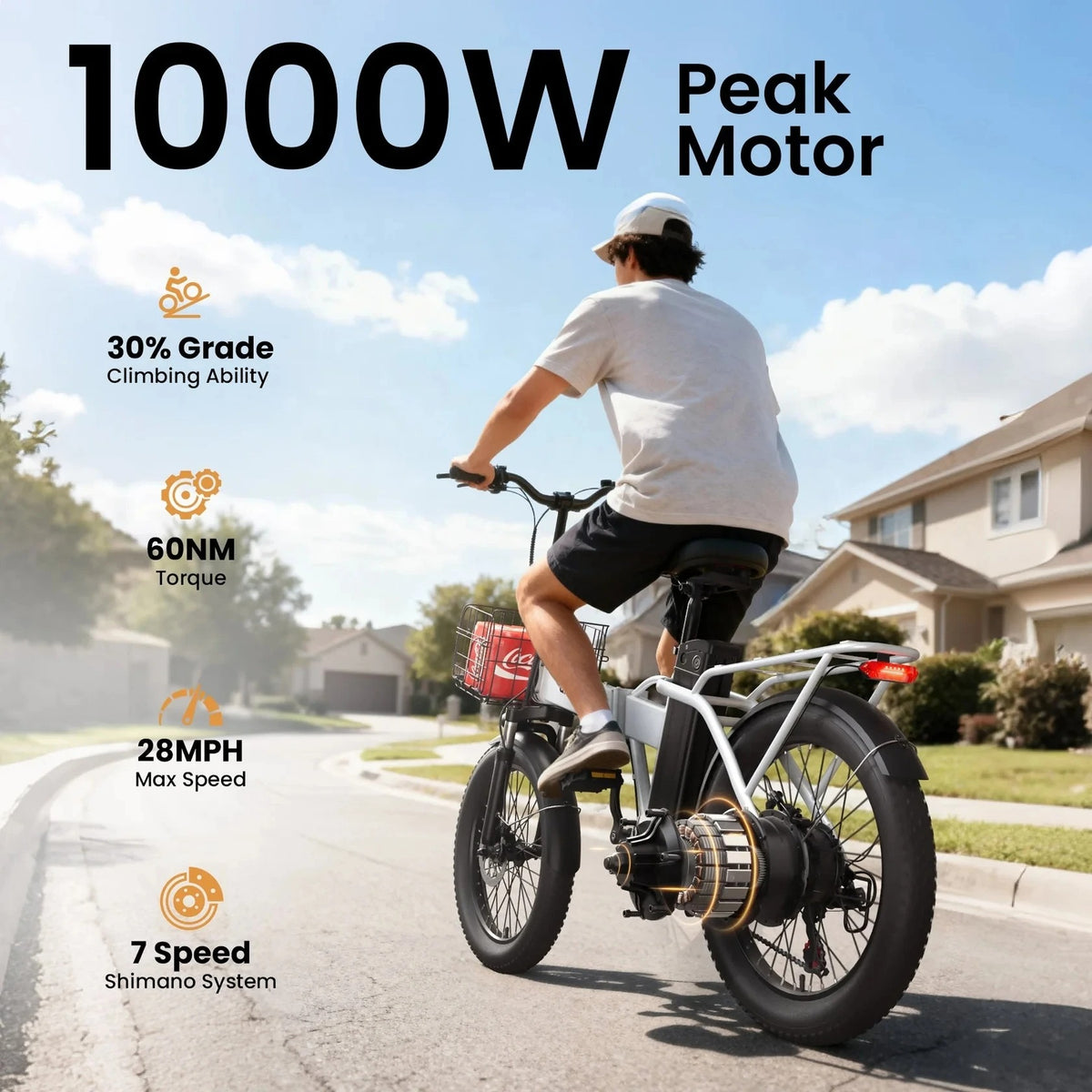 QRONGE Waterfall Folding Electric Bike 1000W Peak, 48V 13.5Ah, 20" Fat Tire, 70-Mile Range