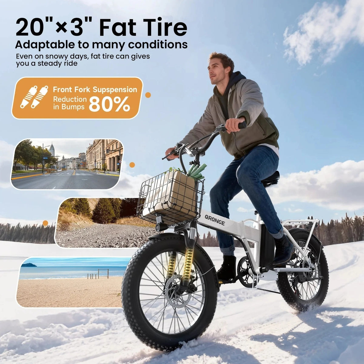 QRONGE Waterfall Folding Electric Bike 1000W Peak, 48V 13.5Ah, 20" Fat Tire, 70-Mile Range
