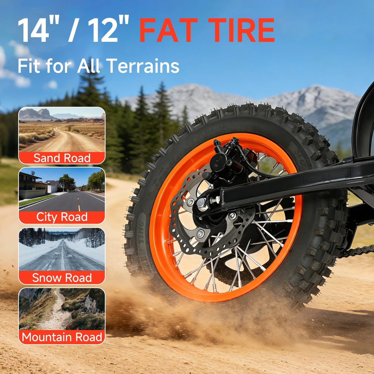 Electric Dirt Bike 4500W Peak, 60V 28.8Ah Battery, 50 MPH, Up to 60 Miles, 14"/12" Fat Tires
