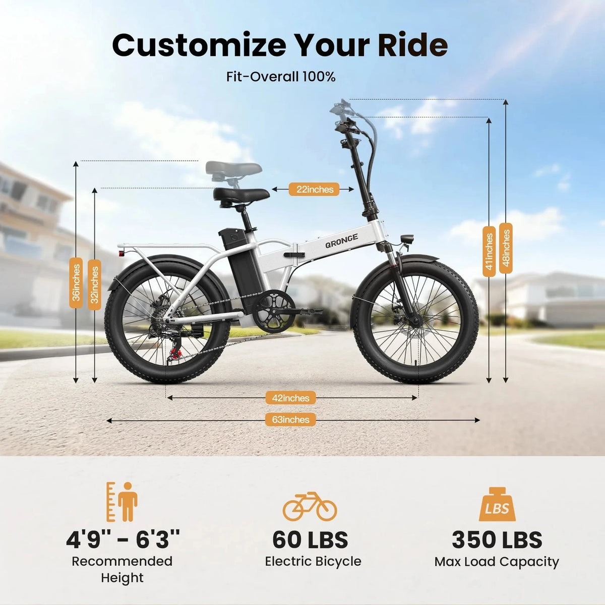 QRONGE Waterfall Folding Electric Bike 1000W Peak, 48V 13.5Ah, 20" Fat Tire, 70-Mile Range